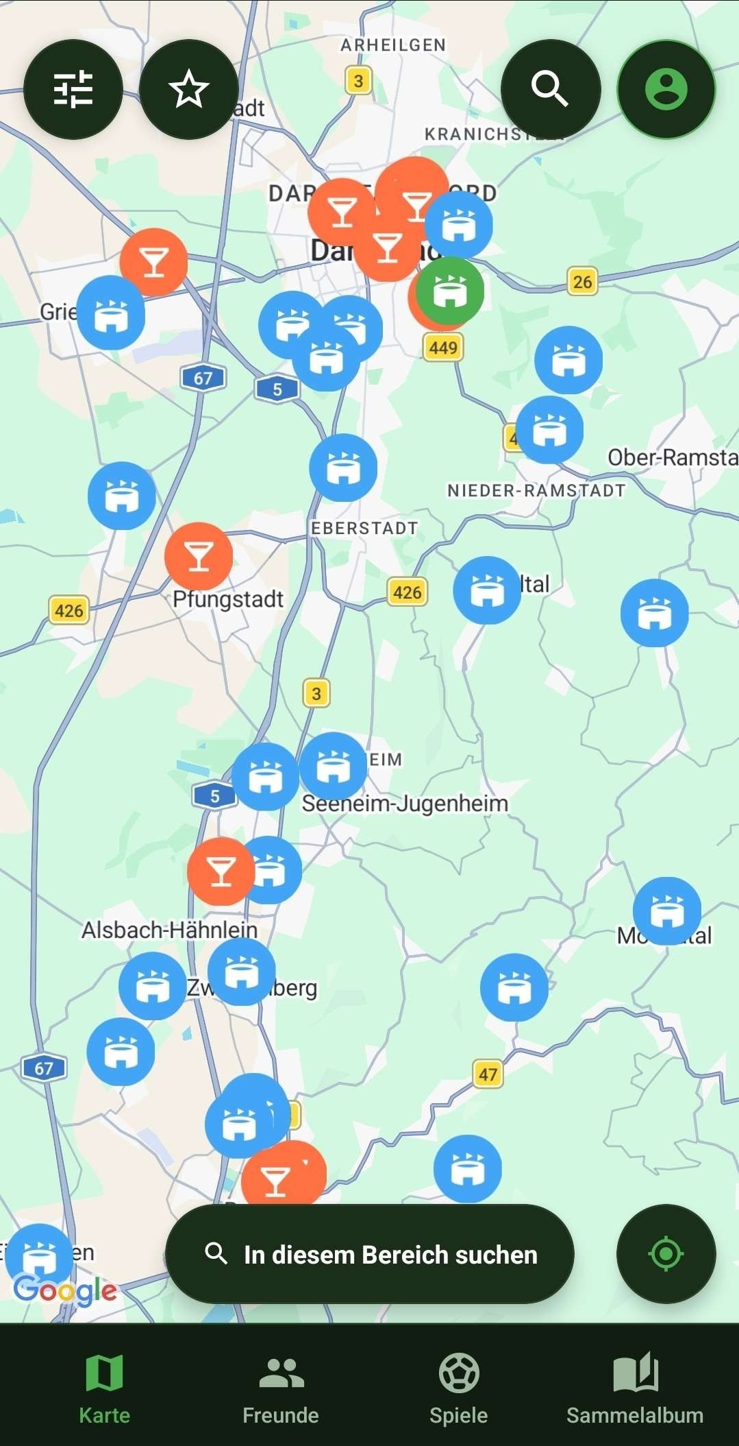Kartenansicht der Grounder-App mit Stadien und Fußballbars rund um Darmstadt