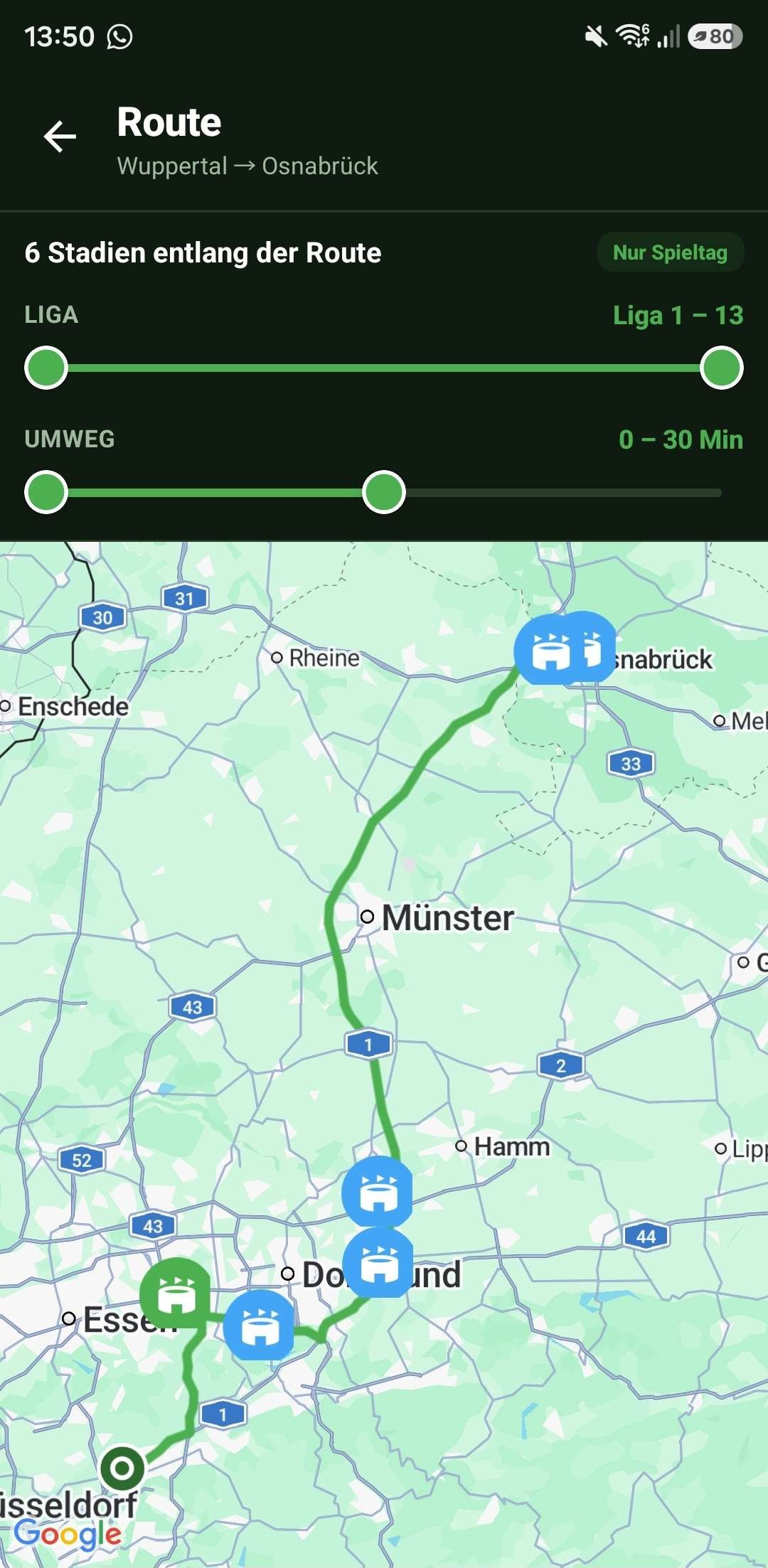 Routenansicht der Grounder-App mit sechs Stadien zwischen Wuppertal und Osnabrück
