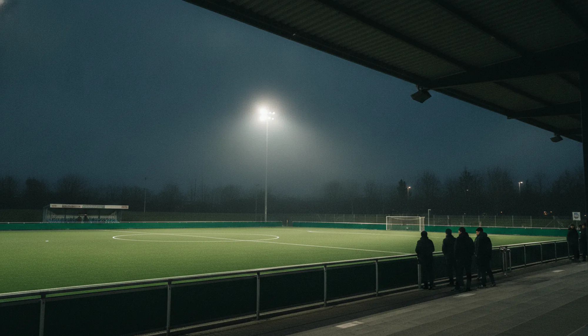 Ein Sportplatz unter Flutlicht am Abend, vom Rand der überdachten Tribüne aus gesehen