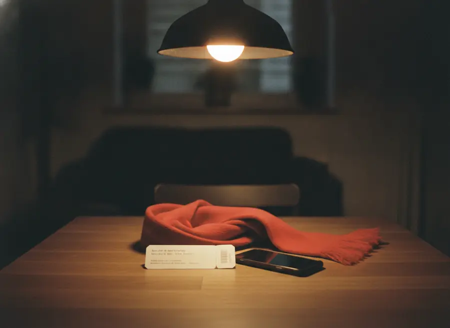 Ticket, Schal und Handy liegen abends auf einem Tisch