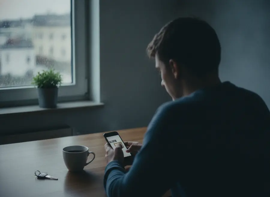 Jemand sitzt mit dem Handy am Küchentisch und sucht ein Spiel aus